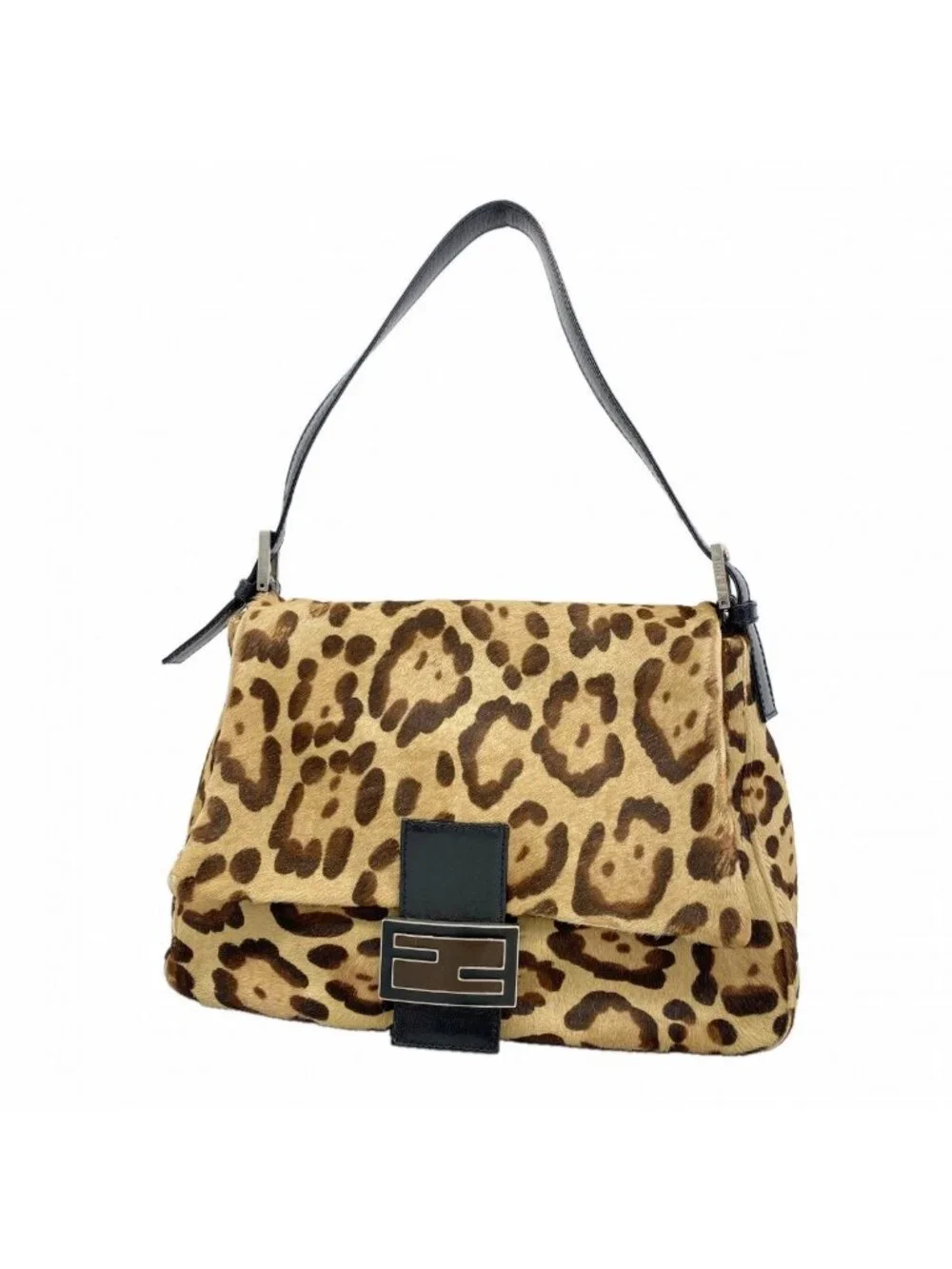 Fendi Handbag Leopard Calf Hair Brown Silver